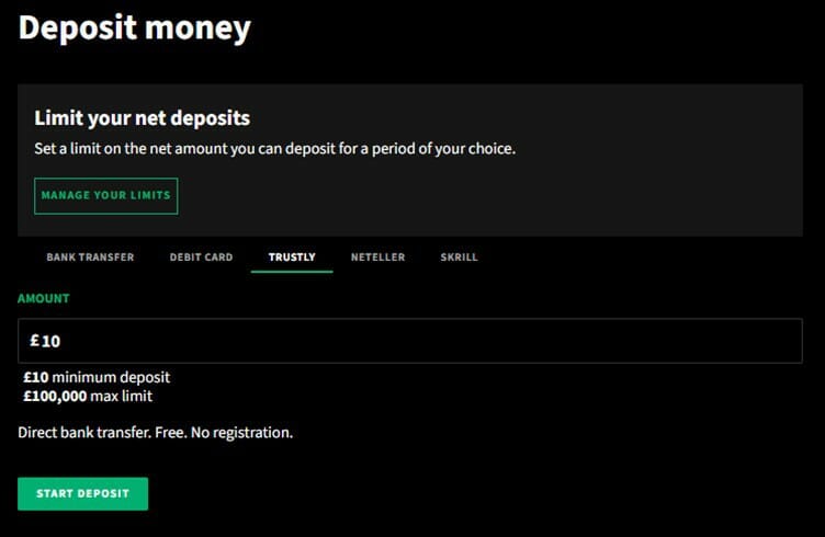 Smarkets deposit process screenshot