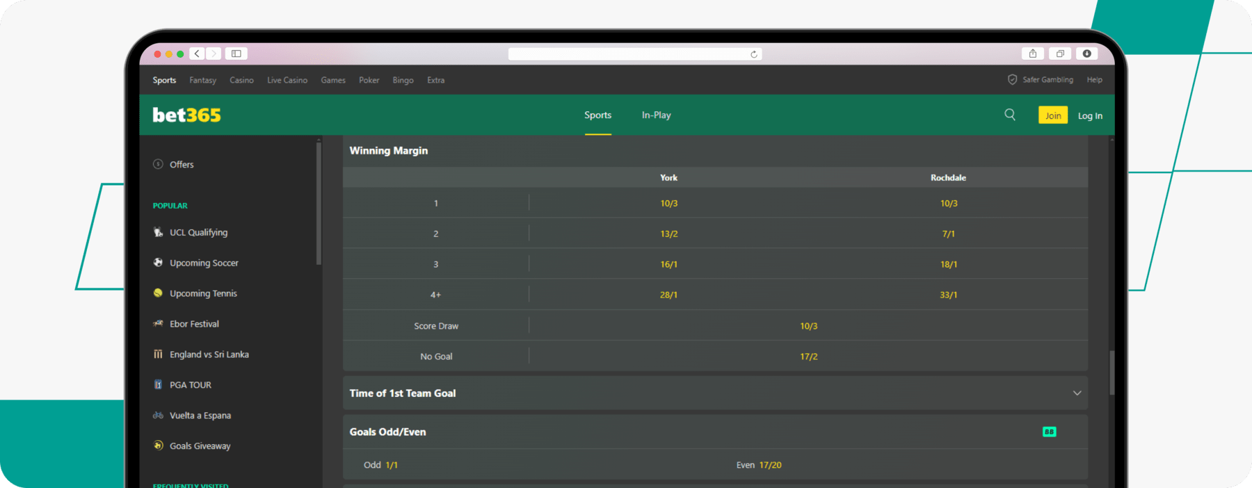 screenshot showing bet365 winning margin odds