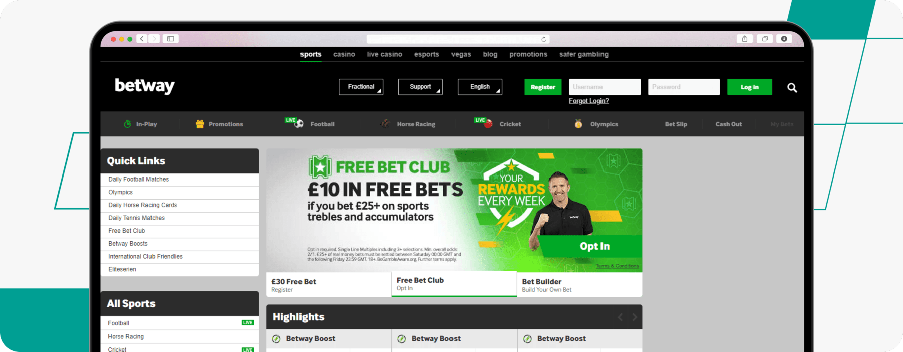 desktop Screenshot of Betway Free Club Bet Offer