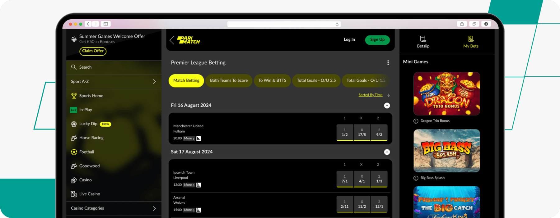 screenshot of parimatch premier league betting odds